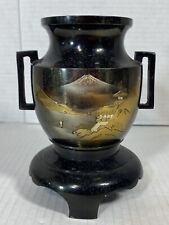 JAPANESE METAL VASE ETCHED Mountains Vintage picture