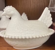 Vintage Indiana White Milk Glass Chicken Hen on Nest Covered Bowl Candy Dish picture