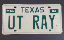 Vintage 1983 Texas License Plate (UT-RAY) Expired March Green Letters on White picture