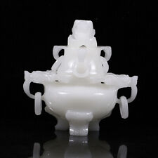 Chinese White Jade Carving Double Dragon Ear Ring 3 Foot Incense Burner Censer picture