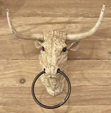 Vintage Cast Iron Longhorn Bull Head Horse Hitch Wall Decor Towel Holder picture