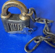 Antique YALE & TOWNE Push Key Padlock With Attached Chain Works has Key picture