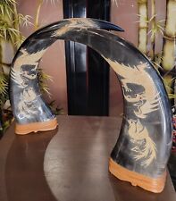 Carved Dragon And Phoenix Horns With Wood Base Perfect For Year Of The DRAGON picture
