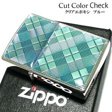 Zippo Oil Lighter Diamond Cut Check Clear Epoxy Light Blue Regular Case Brass picture