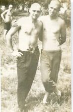 Shirtless Handsome young men couple hug bulge beach trunks gay vtg photo picture