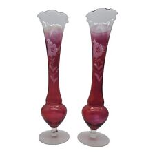 Pair of Etched Flowers Glass Red Cranberry Footed Fluted Flared 9 inch Bud Vases picture