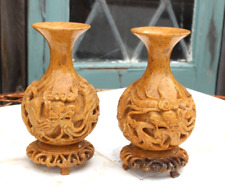 VTG Pair Soapstone Vases Decor Dragon Figures Chinese Rock 3D, Detachable Stands picture