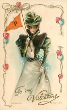 Nister Embossed Valentine Postcard; College Girl w/ Pennant, Letter P, Unposted picture