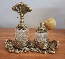 Vintage Gold-Plated Ornate Perfume Tray 2 Glass Perfume bottles  picture