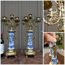 Antique Boch blue white delft  pottery  brass angels dragons Candelabras rare picture
