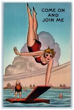 c1930's Beach Bathing Beauty Diving Come On And Join Me Vintage Postcard picture