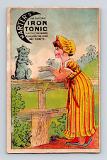 Harter's Iron Tonic Victorian Trade Card Nice Back Lady Dog On Fence picture