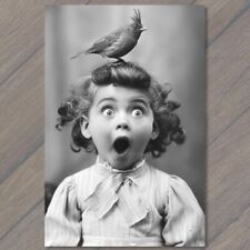 POSTCARD Young Girl With Bird On Head Surprised Funny Giant Smile Happy Cute Fun picture