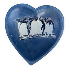 Blue Heart Stone Penguin Family Trinket Dish Bowl  Etched Painted Vintage Vanity picture