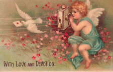 VINTAGE VALENTINE POSTCARD CUPID ON PHONE SEND MESSAGE BY DOVE c1910 090423 S picture