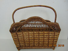 Antique Vintage Large Wicker Basket Tote Magazine Rack Carrier Footed picture