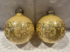 Set of 2 Vintage 1970s Blown Glass Gold Mica Scroll Design Christmas Ornaments picture