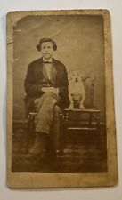 Vintage 1800s Photo Man In Suit  W/ Pet Dog On Chair 2.5” X 4” C.1880 “HORNRICH” picture