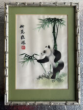 Vintage Chinese Art Silk Hand Embroidered PANDA Bamboo Like Wood Frame picture