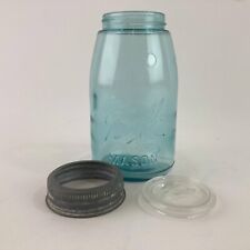 Vintage Blue Glass Ball Mason Jar Quart Sloped Sides Zinc & Glass Lid Dropped A picture
