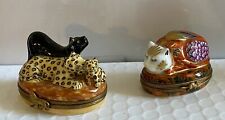 Lot 2 Limoges Porcelain Hand Painted Trinket Boxes Leopard Family & Large Cat picture