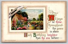 Birthday Greetings~Lady Outside House W/ Flowers~PM 1912~Winsch Vintage Postcard picture