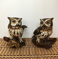 Retro HOMCO Great Horned Owl Statues Brown & White Two Vintage picture