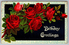 Postcard Birthday Greetings With Beautiful Bouquet Of Red Roses VTG c1910  H19 picture