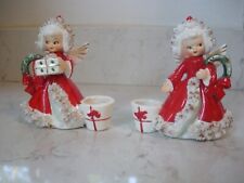 2 vintage Napco angel girl spaghetti present wreath candle holders 1959 LOVELY picture