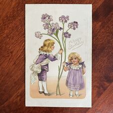 Children In Purple w/ Violet Flowers : c1908 Embossed Antique Postcard Birthday picture
