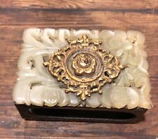 ANTIQUE OLD CHINESE EXPORT VINTAGE CARVED JADE & GILDED BRONZE MATCH BOX HOLDER picture