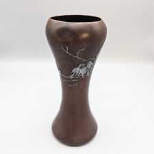 Antique Heintz Bronze Vase Lovebirds Sterling Silver Overlay Art Deco Signed 8