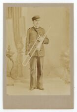 Antique Circa 1880s Rare Cabinet Card Man Holding Trombone Graver Quakertown, PA picture