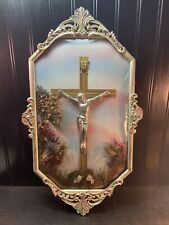 Vtg 1950’s? Jesus CHRIST On Cross Convex Glass Dried Flowers Metal Frame picture