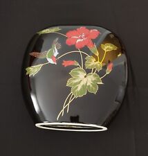 Vintage Japanese Glossy Black Vase Red Hibiscus Oval Narrow Mouth Floral Bird  picture