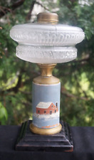 Antique 1870s Loop Pattern Glass Oil Lamp Hand Painted Milk Glass Stem - BEAUTY picture