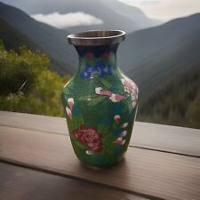 Vintage Antique Small Chinese Cloisonne Vase Green Floral Design picture