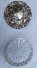 Antique Cut Glass Powder Jar with Embossed Metal Lid Vintage Vanity Jar picture