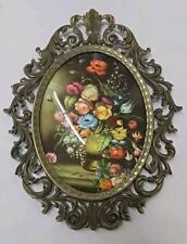 Vintage Oval Brass Frame Floral Picture Convex Bubble Glass Italy Made picture