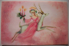 St. Lucia rides reindeer Hallmark UNUSED vintage Christmas Greeting Card *L picture