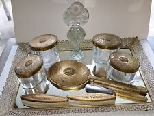 Victorian Filigree Vanity Dresser Set Mirror Tray 10 Pc Gold toned metal Perfume picture