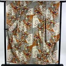 63.4inc Japanese Kimono SILK FURISODE Imperial car Flowers and birds Dark blue picture