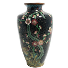Vintage Cloisonné Vase Solid Brass Enameled Japanese (?) Black w/ Flowers 6.25