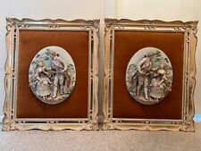 Two Vintage Romantic Couple Porcelain Wall Plaque Wood/Velvet picture
