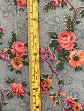 Rare Antique Fabric 19th Century Cotton Roses ~ Pink & Green on Blue ~ 17