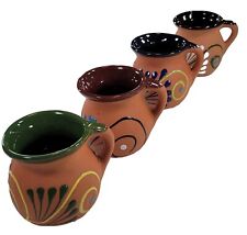 Set of Four Mexican Red Clay Coffee Cups Mugs Hand-Painted Pottery Multicolor picture