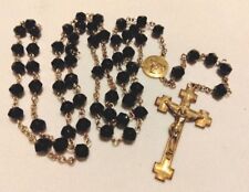Antique Gold Tone Black Crystal Rosary Scared Heart Of Jesus Excellent Condition picture