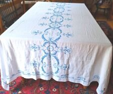 Vintage Rare Embroidered Tablecloth, White Linen with Ocean Blue Embroidery  picture