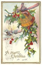 1910s Merry Christmas Greetings Bell Holly Berries Ribbon Embossed Postcard VTG picture