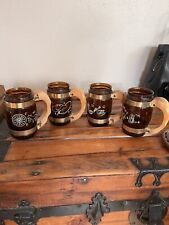 Vintage Set of 4 Siesta Ware Amber Glass Mugs Wood Handle Cowboy Barrel 12oz picture
